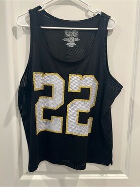 Goodie Two Sleeves Black Mesh Tank Top with White & Yellow '22' Graphic